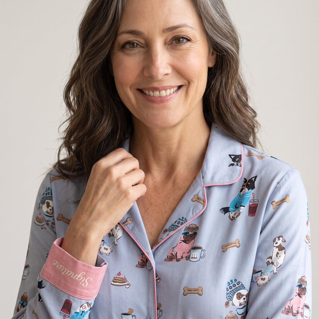 Dog Print Pajama Set - Contrast Cuff