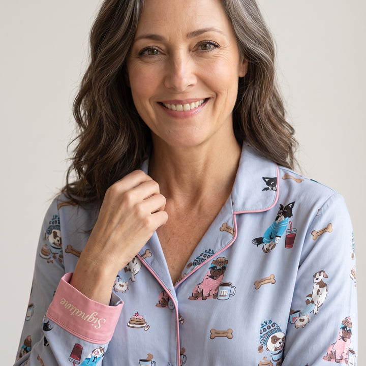 Dog Print Pajama Set - Contrast Cuff