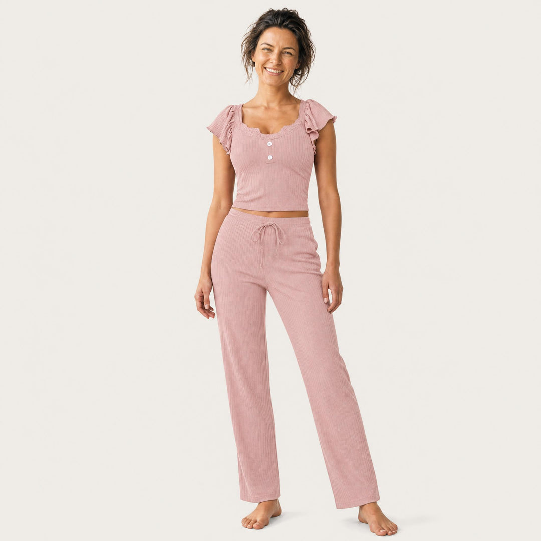 Ribbed Ruffle-Sleeve Pajama Set - Wide Leg