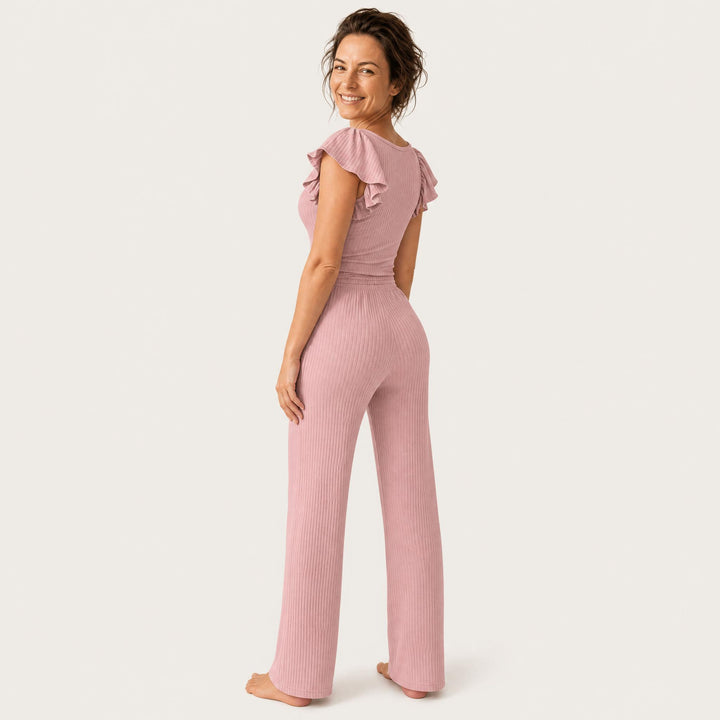 Ribbed Ruffle-Sleeve Pajama Set - Wide Leg