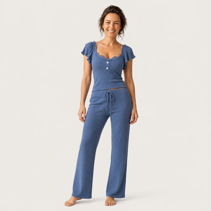 Ribbed Ruffle-Sleeve Pajama Set - Wide Leg