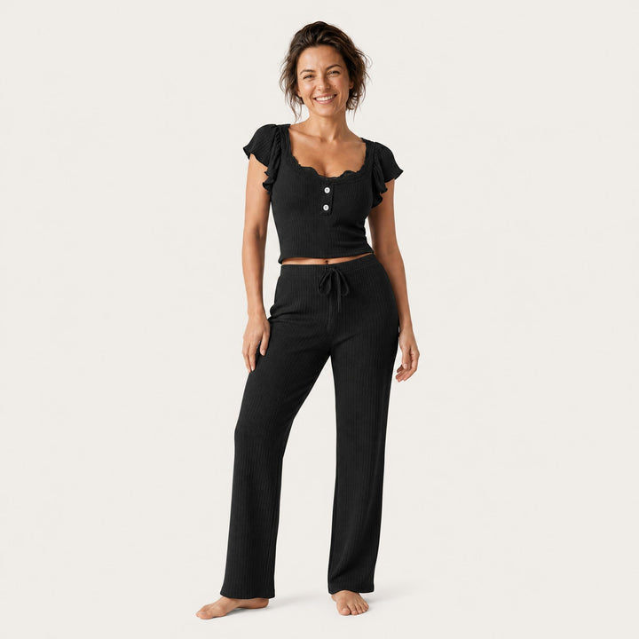 Ribbed Ruffle-Sleeve Pajama Set - Wide Leg