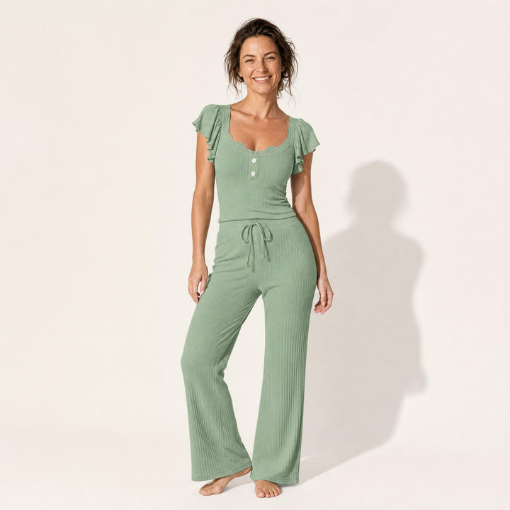 Ribbed Ruffle-Sleeve Pajama Set - Wide Leg