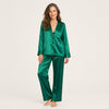 Women's Oversized Satin Pajama Set - Long Sleeve V Neck and Pants