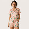 Women's Satin Short Pajama Set - Printed Button Down Top and Shorts