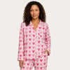 Women's Heart Print Pajama Set - Long Sleeve Button Down and Pants, Pink