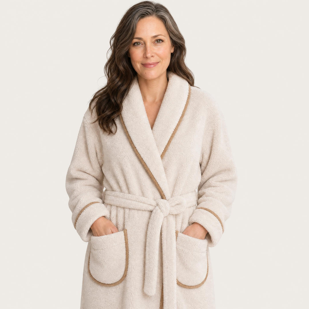 Flannel fleece robe in taupe shown on a hanger