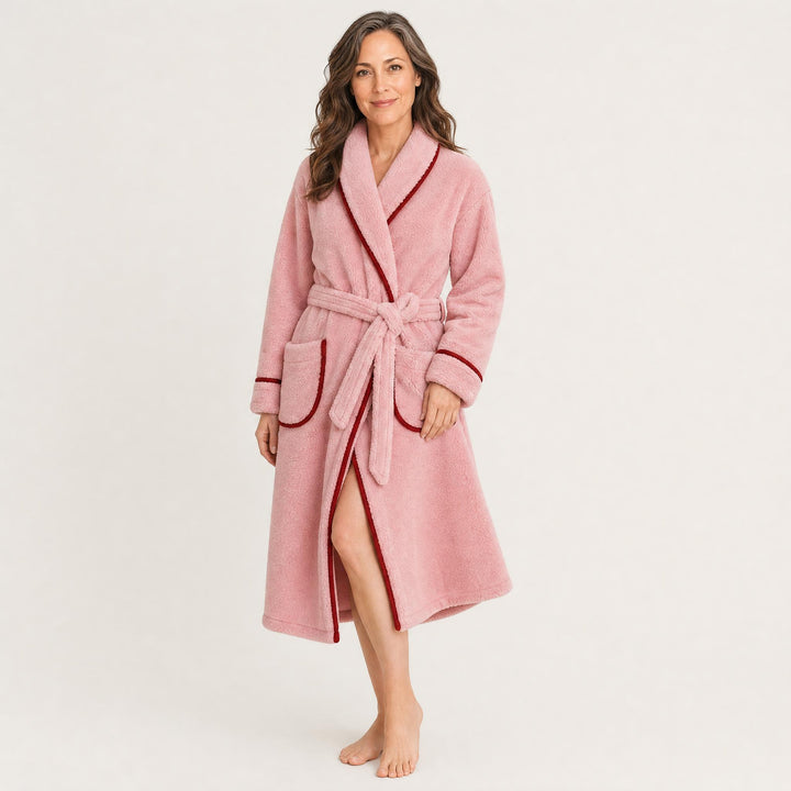 Tie belt detail on a long womens bathrobe
