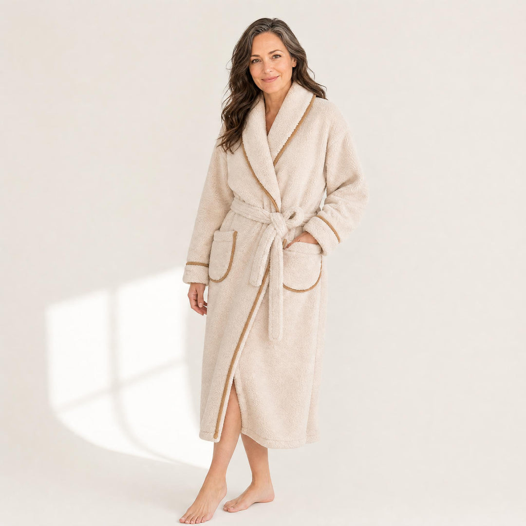 Long fleece robe for women shown from the side