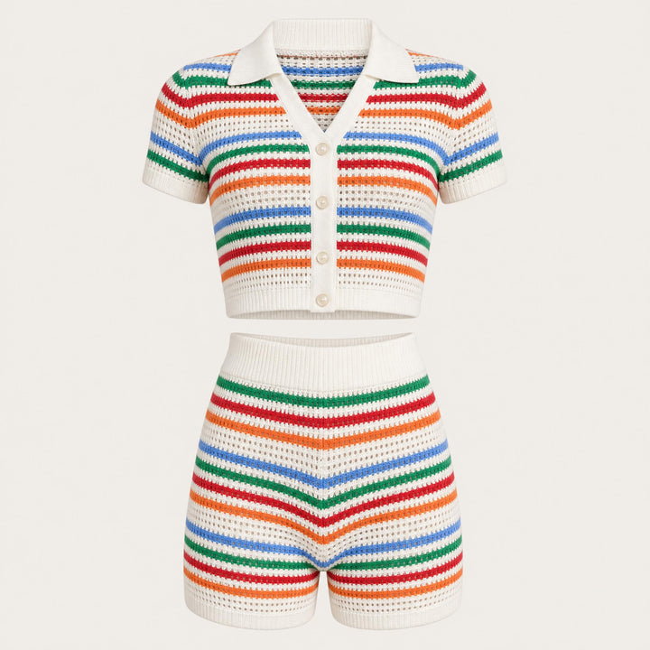 Striped Knit Set for Women, Cropped Top and Shorts