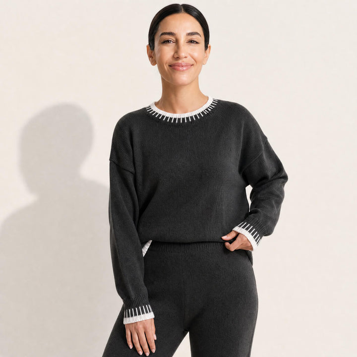 Knit Lounge Set for Women, Color Block Sweater and Wide Leg Pants