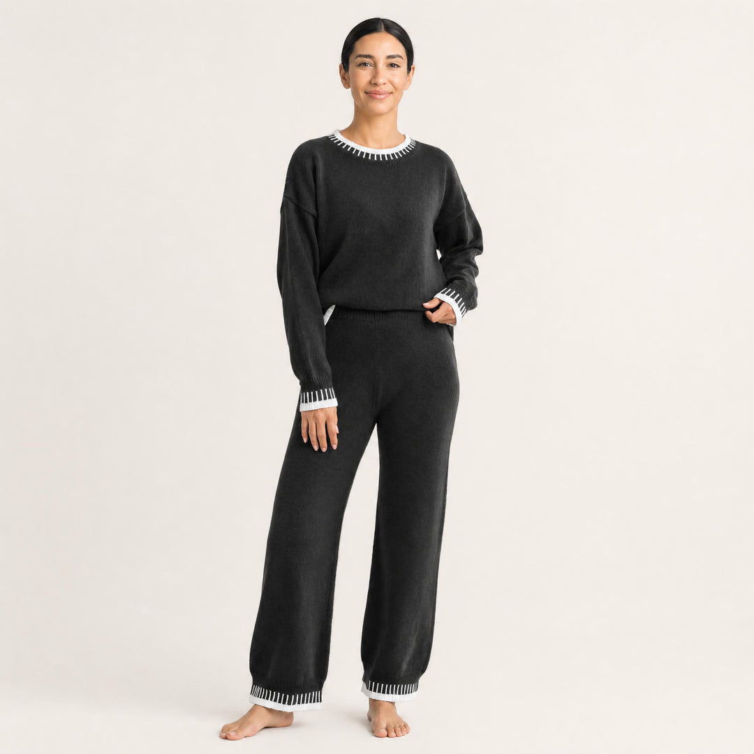 Knit Lounge Set for Women, Color Block Sweater and Wide Leg Pants