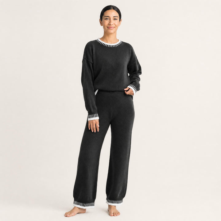 Knit Lounge Set for Women, Color Block Sweater and Wide Leg Pants