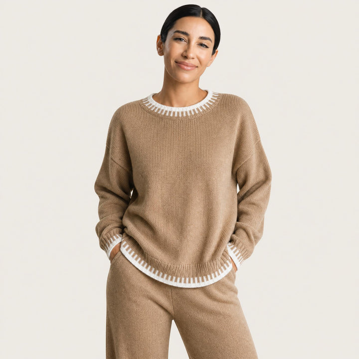 Knit Lounge Set for Women, Color Block Sweater and Wide Leg Pants