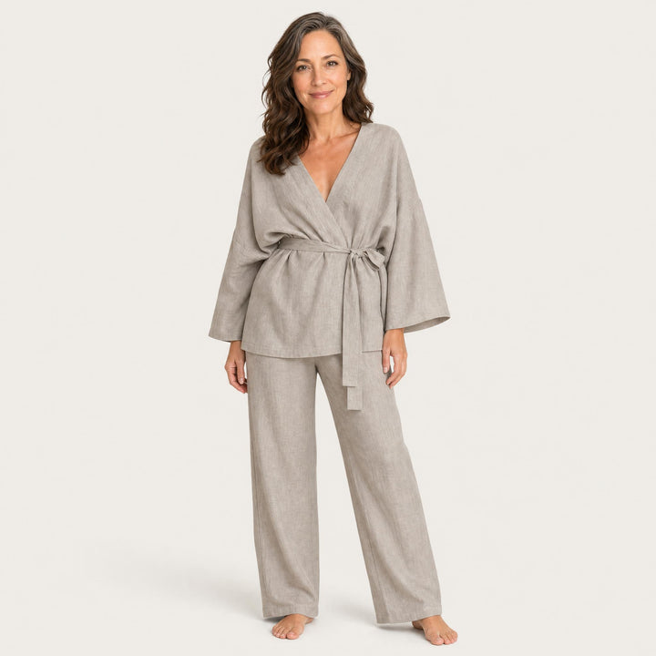 Khaki Robe and Pants Set for Women, Belted Short Wrap