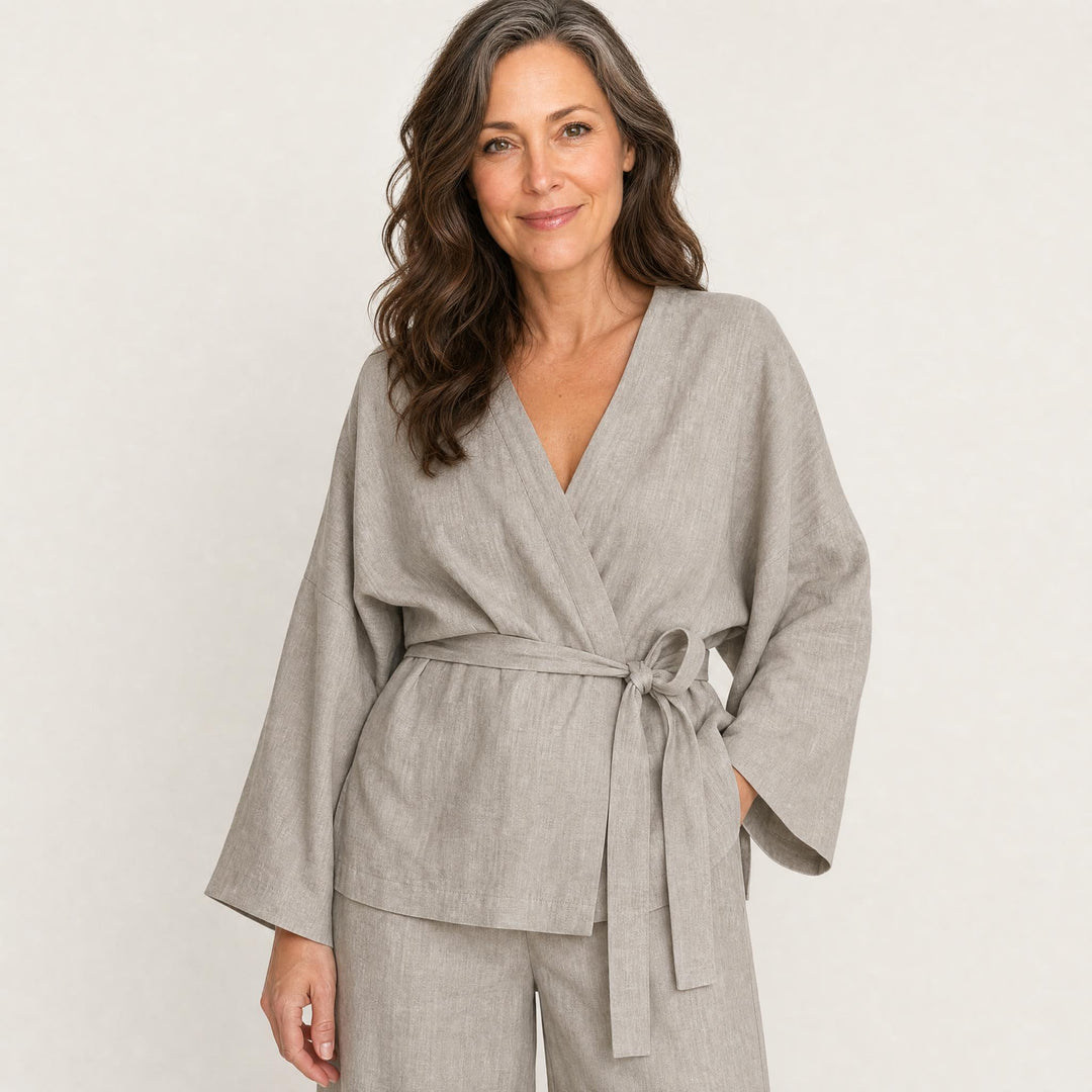 Khaki Robe and Pants Set for Women, Belted Short Wrap
