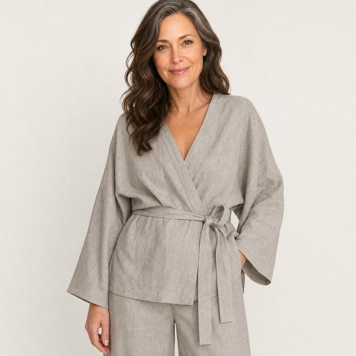 Khaki Robe and Pants Set for Women, Belted Short Wrap
