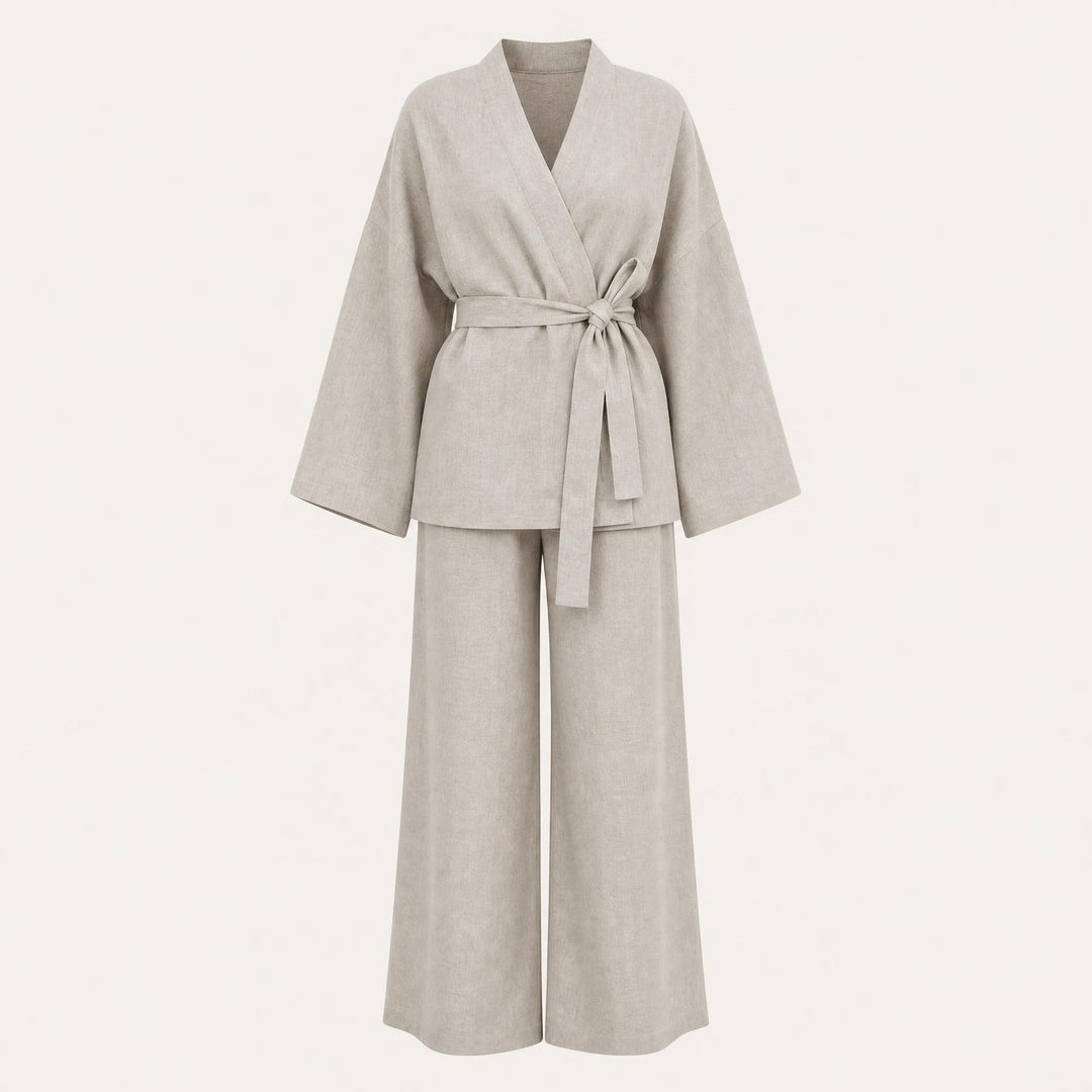 Khaki Robe and Pants Set for Women, Belted Short Wrap