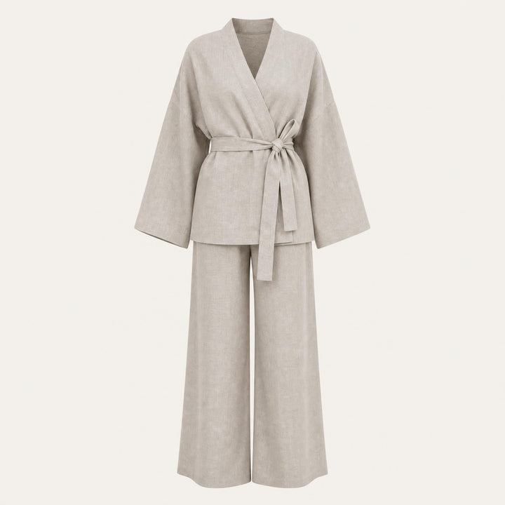 Khaki Robe and Pants Set for Women, Belted Short Wrap