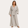 Khaki Robe and Pants Set for Women, Belted Short Wrap