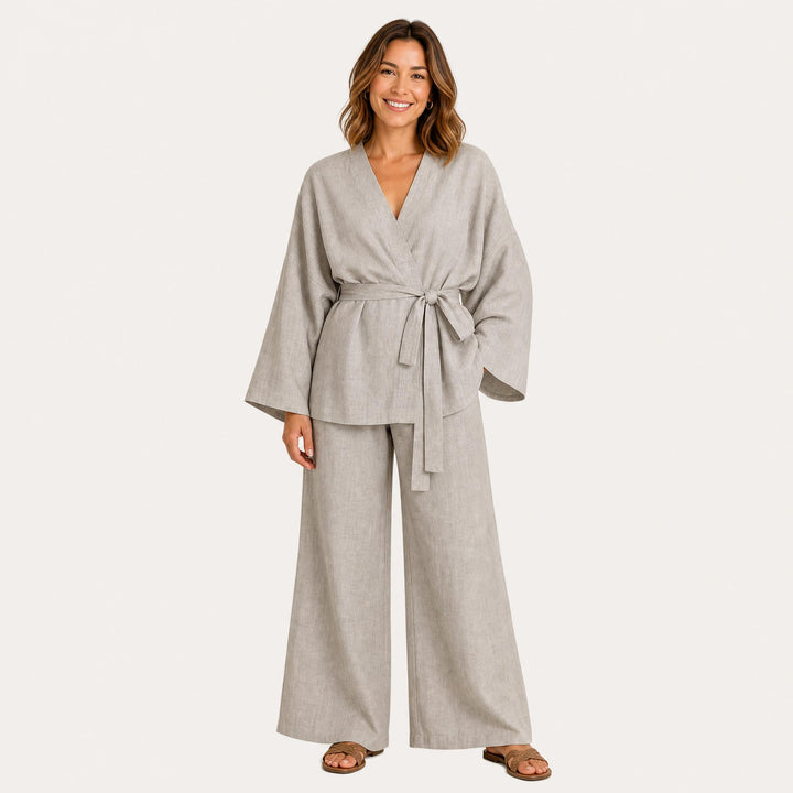 Khaki Robe and Pants Set for Women, Belted Short Wrap