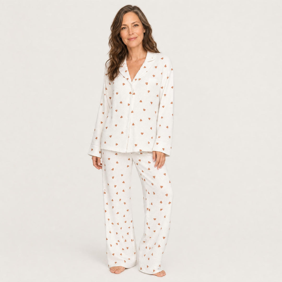 Heart Print Cotton Pajama Set - Long Sleeve