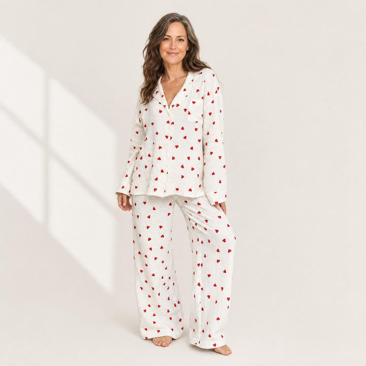 Heart Print Cotton Pajama Set - Long Sleeve