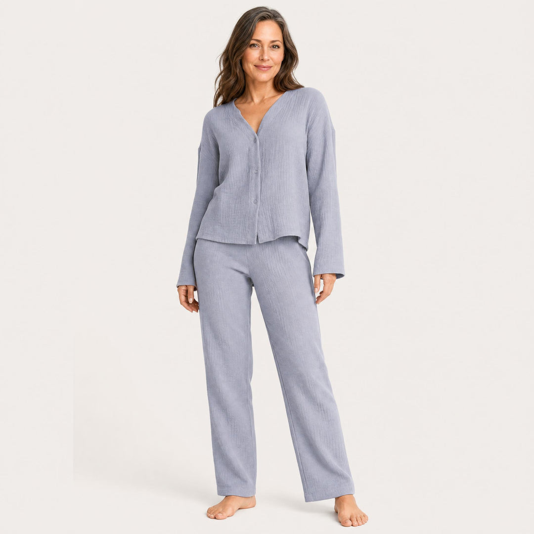 Wide-Leg Cotton Pajama Set - Button-Up