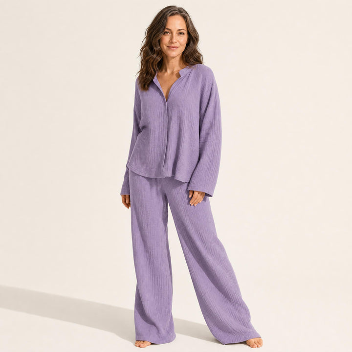 Wide-Leg Cotton Pajama Set - Button-Up