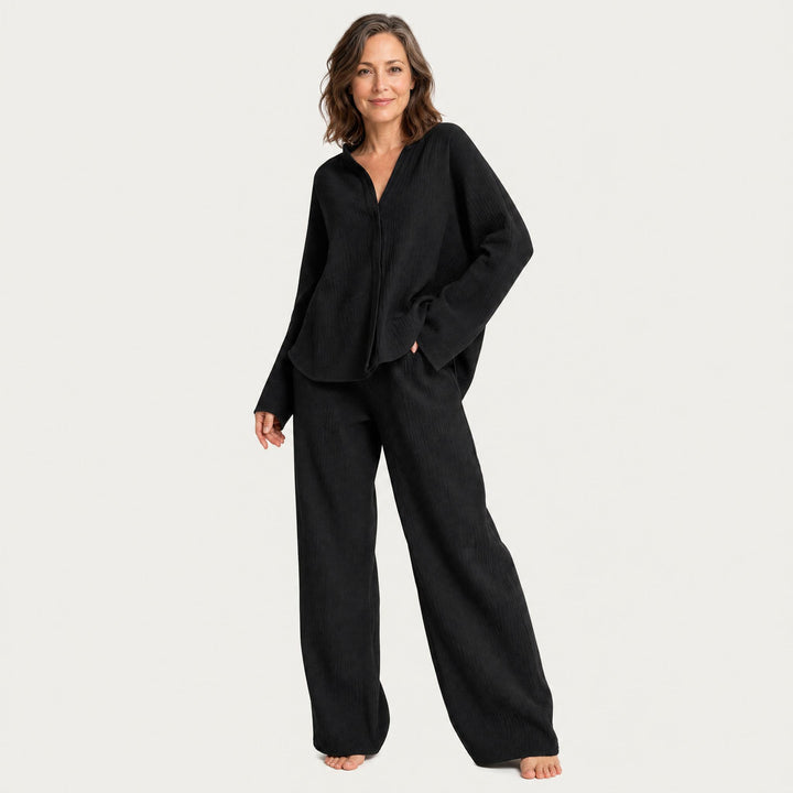 Wide-Leg Cotton Pajama Set - Button-Up