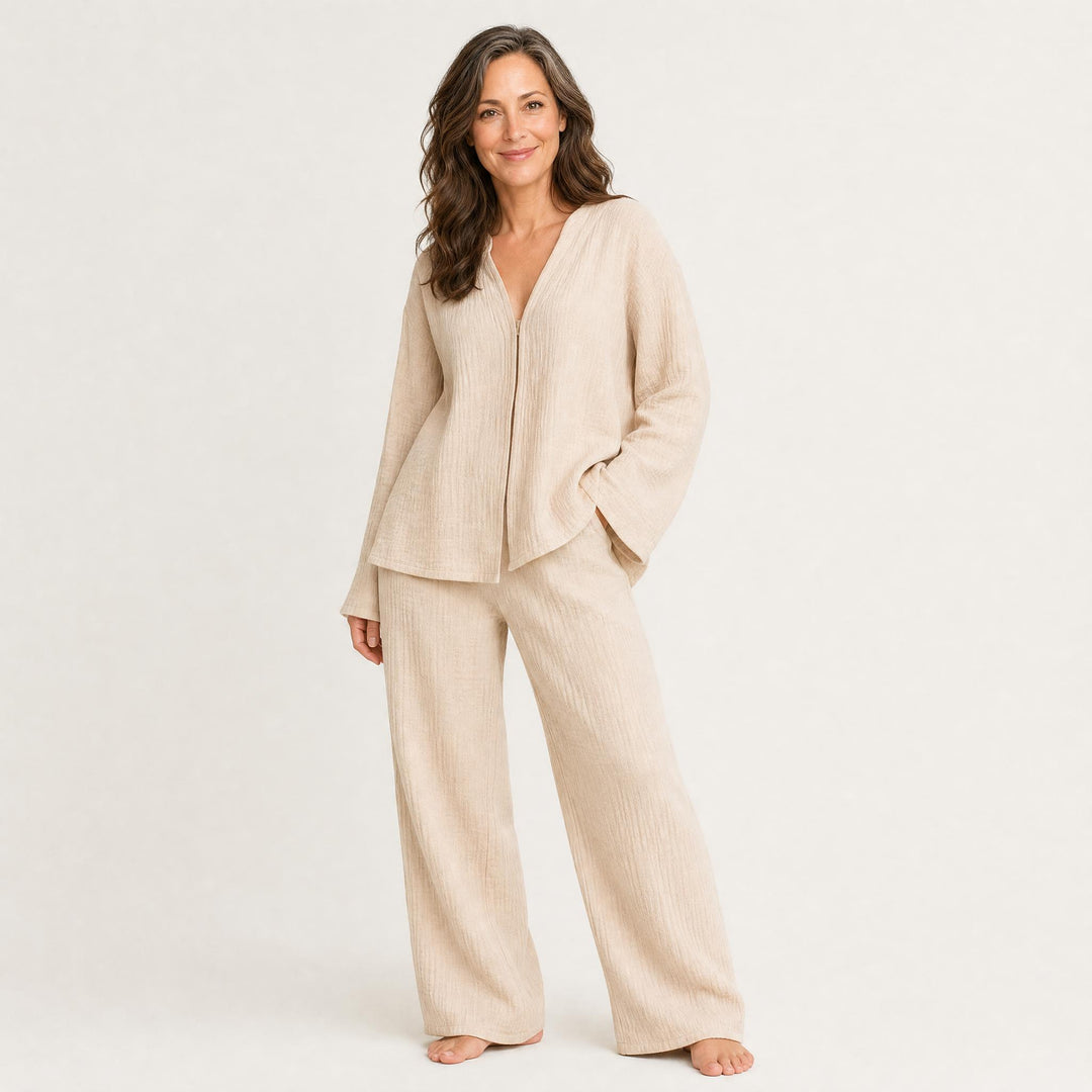 Wide-Leg Cotton Pajama Set - Button-Up