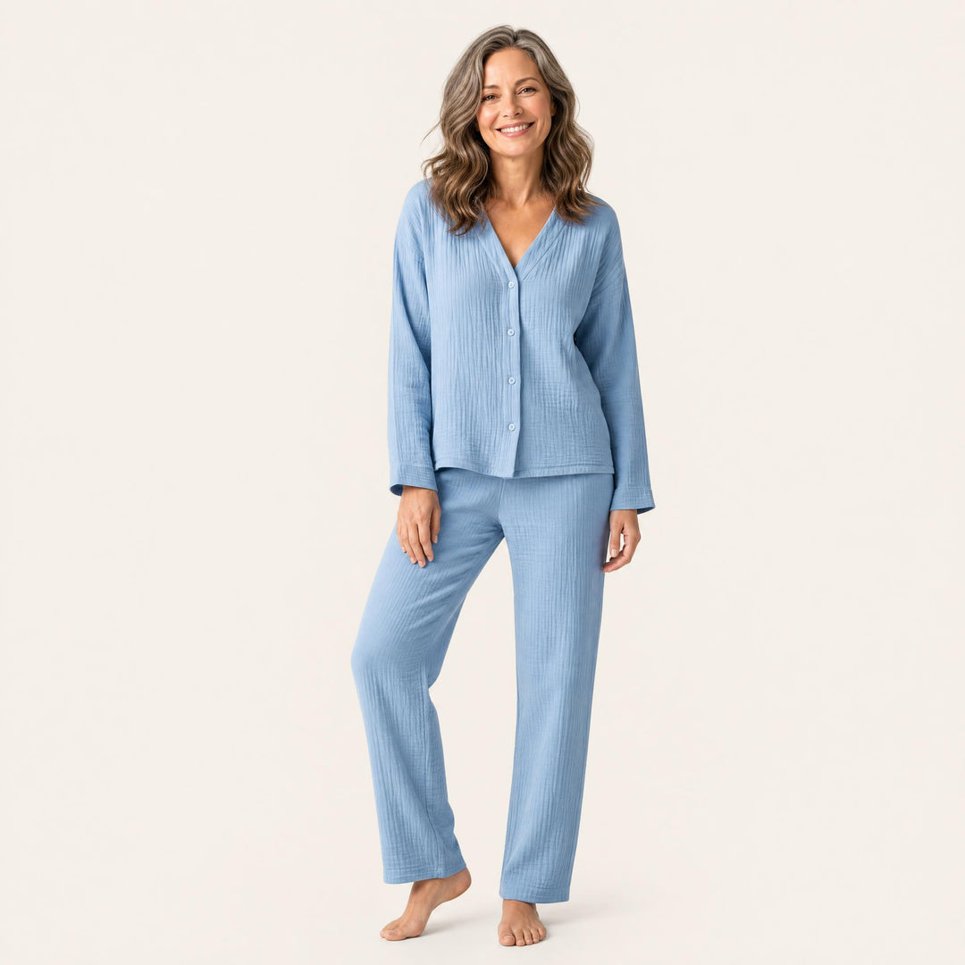 Wide-Leg Cotton Pajama Set - Button-Up