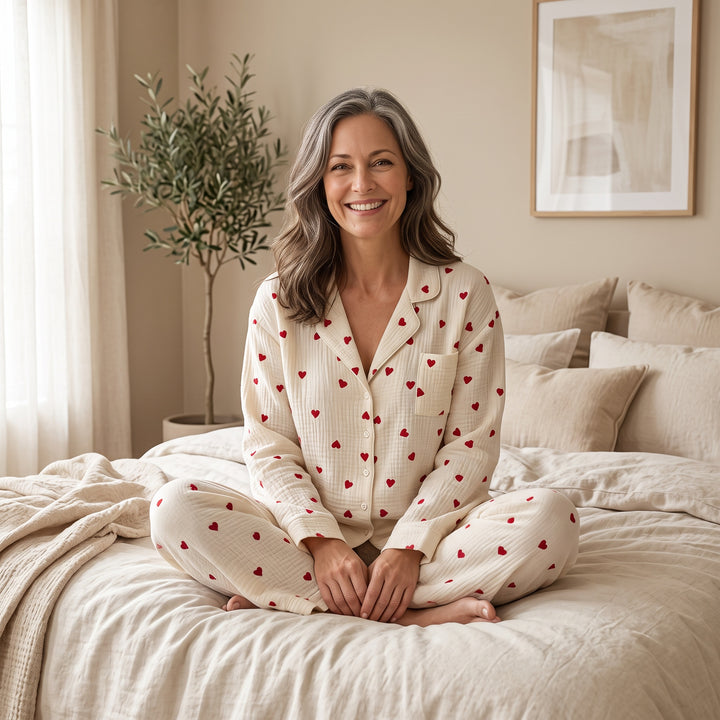 Heart Print Cotton Pajama Set - Long Sleeve