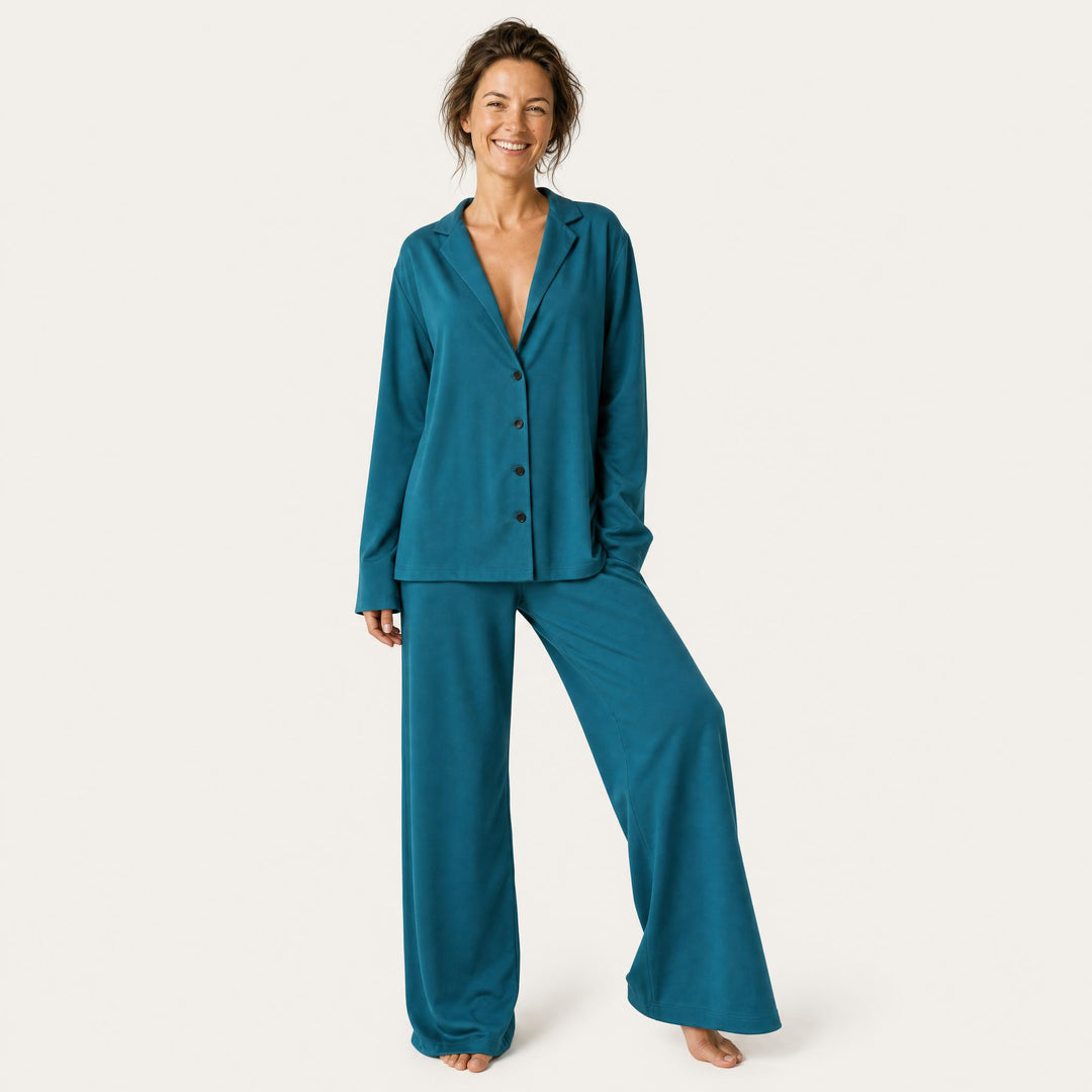 Satin Wide-Leg Pajama Set - Button-Up