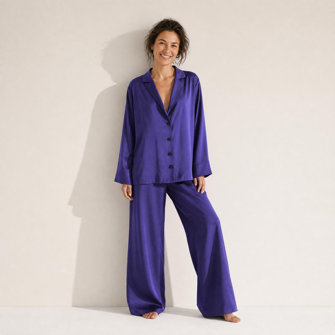 Satin Wide-Leg Pajama Set - Button-Up
