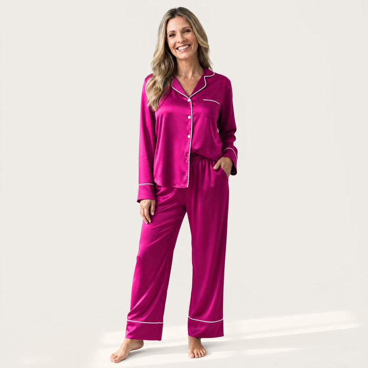 Piped Satin Pajama Set - Long Sleeve