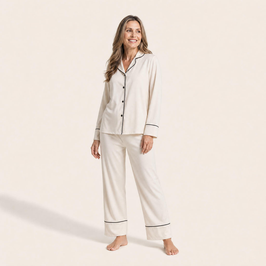 Piped Satin Pajama Set - Long Sleeve