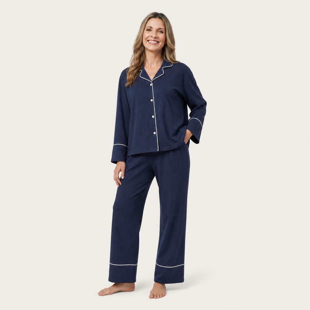 Piped Satin Pajama Set - Long Sleeve