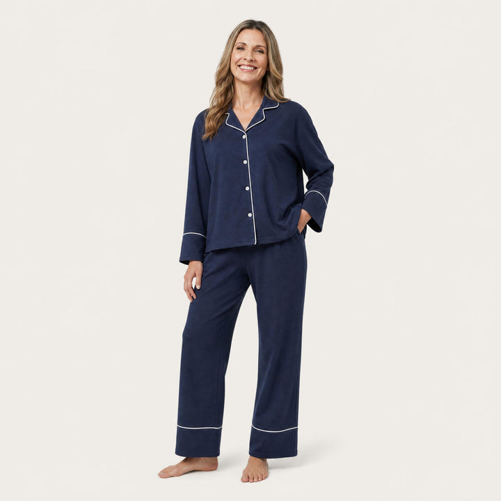 Piped Satin Pajama Set - Long Sleeve