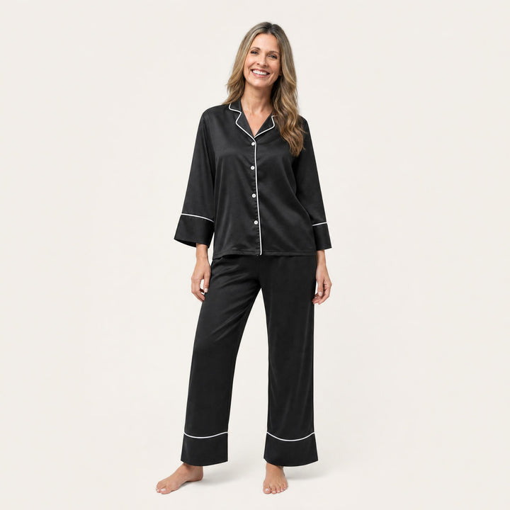 Piped Satin Pajama Set - Long Sleeve