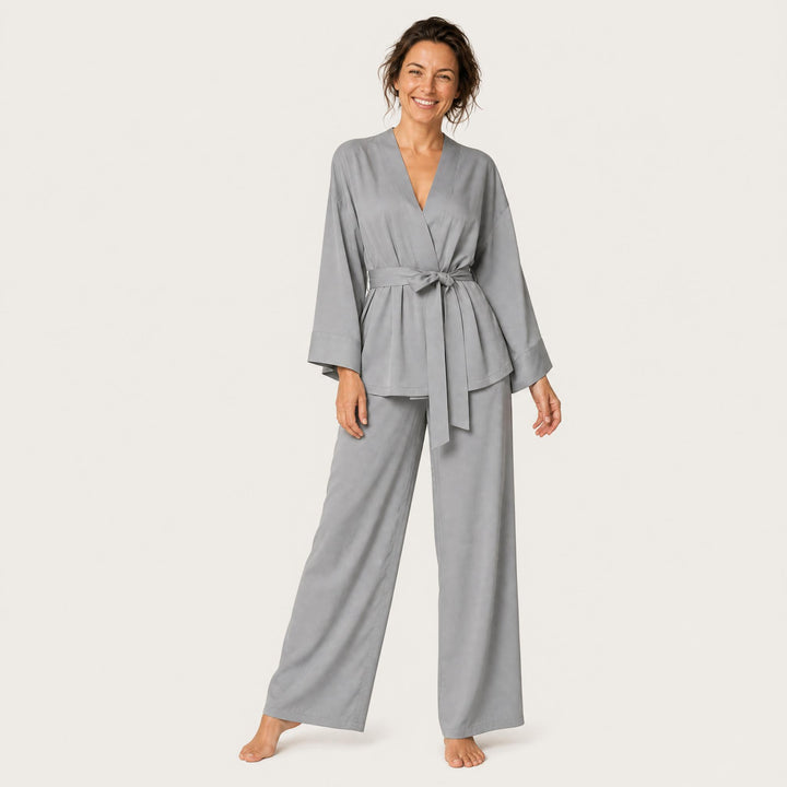 Satin Belted Lounge Set - Wide Leg
