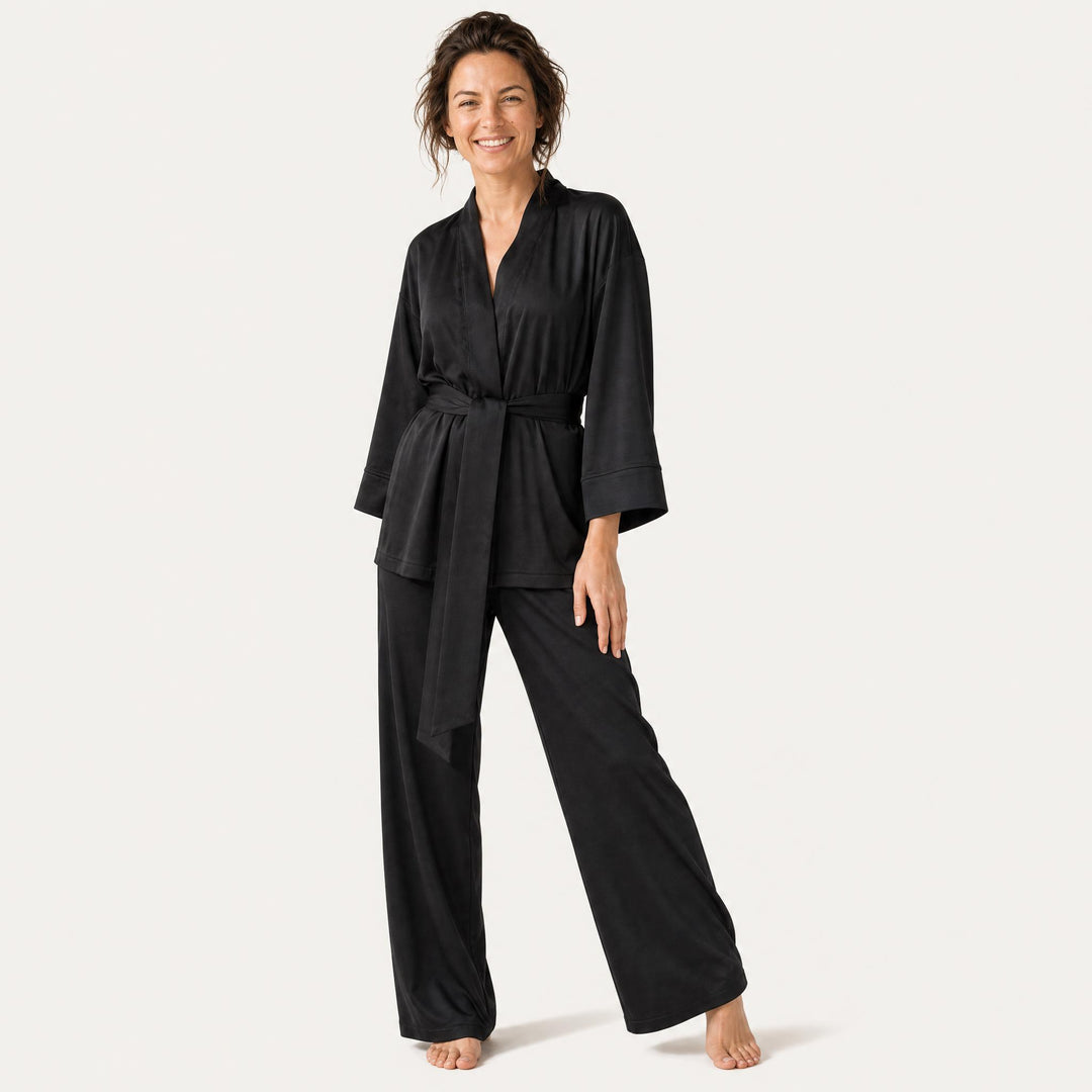 Satin Belted Lounge Set - Wide Leg