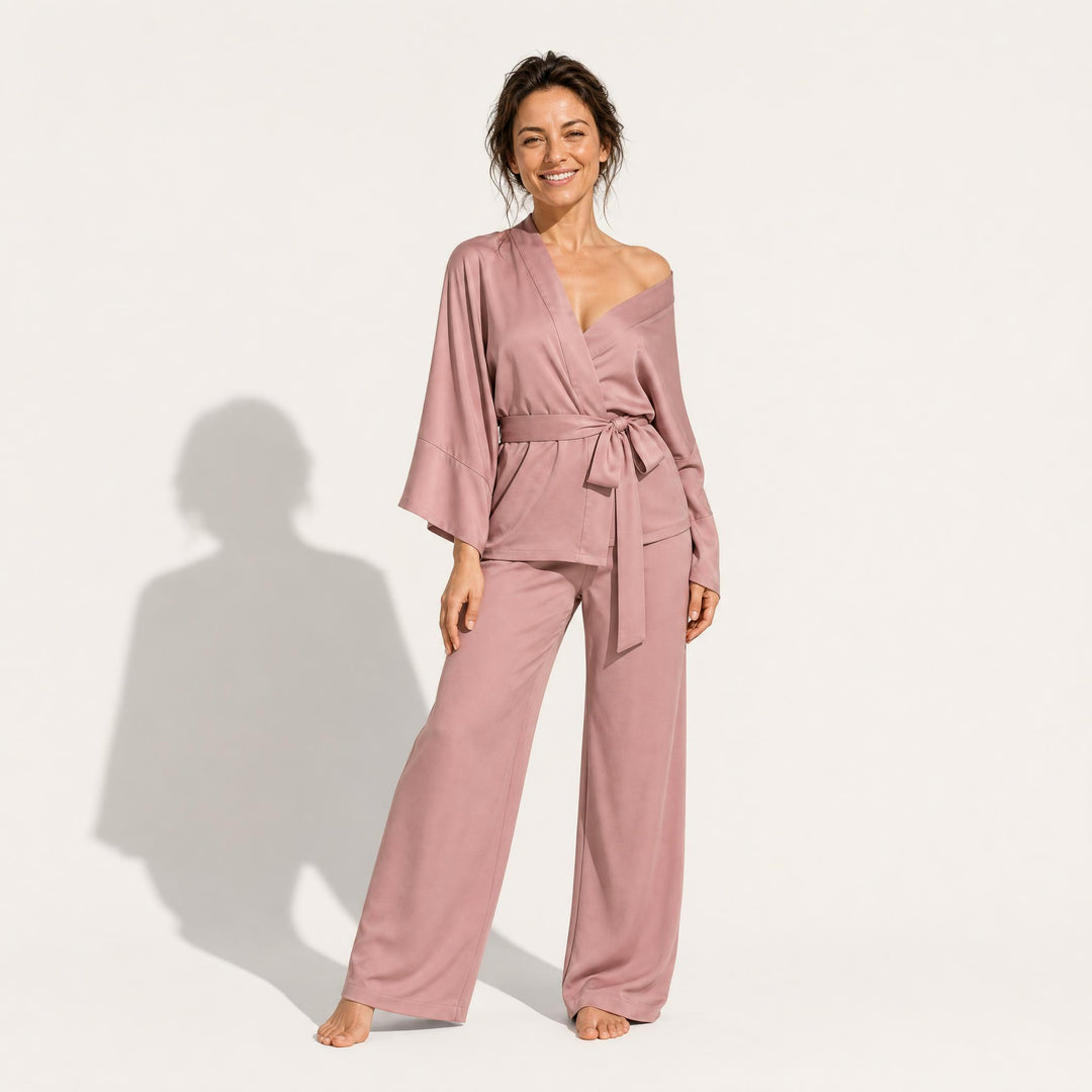 Satin Belted Lounge Set - Wide Leg