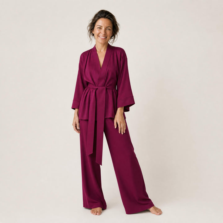 Satin Belted Lounge Set - Wide Leg