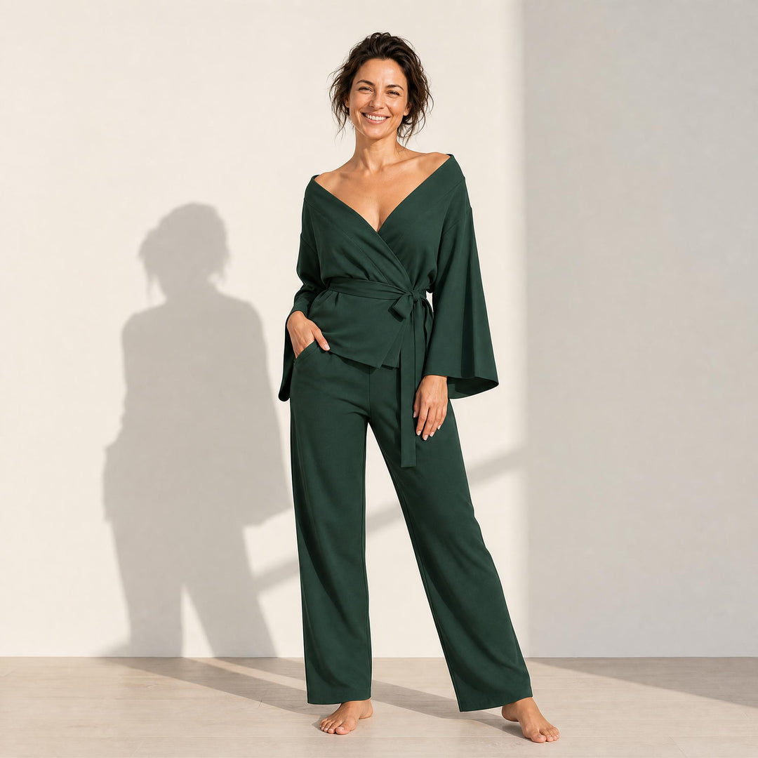 Satin Belted Lounge Set - Wide Leg