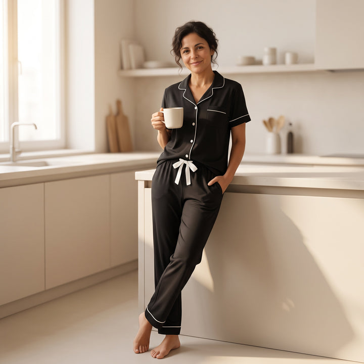 Black Piped Cotton Pajama Set - Long Sleeve