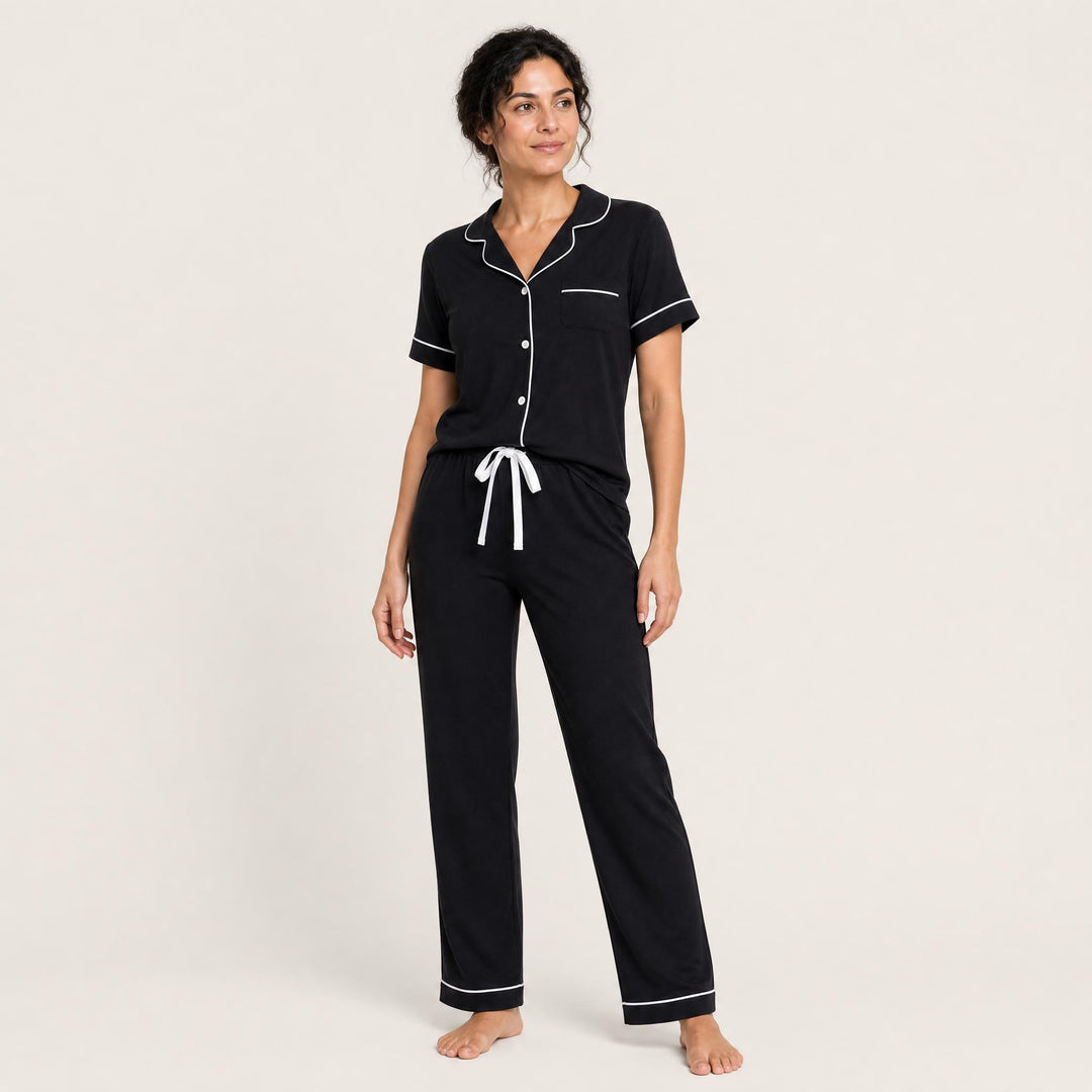 Black Piped Cotton Pajama Set - Long Sleeve