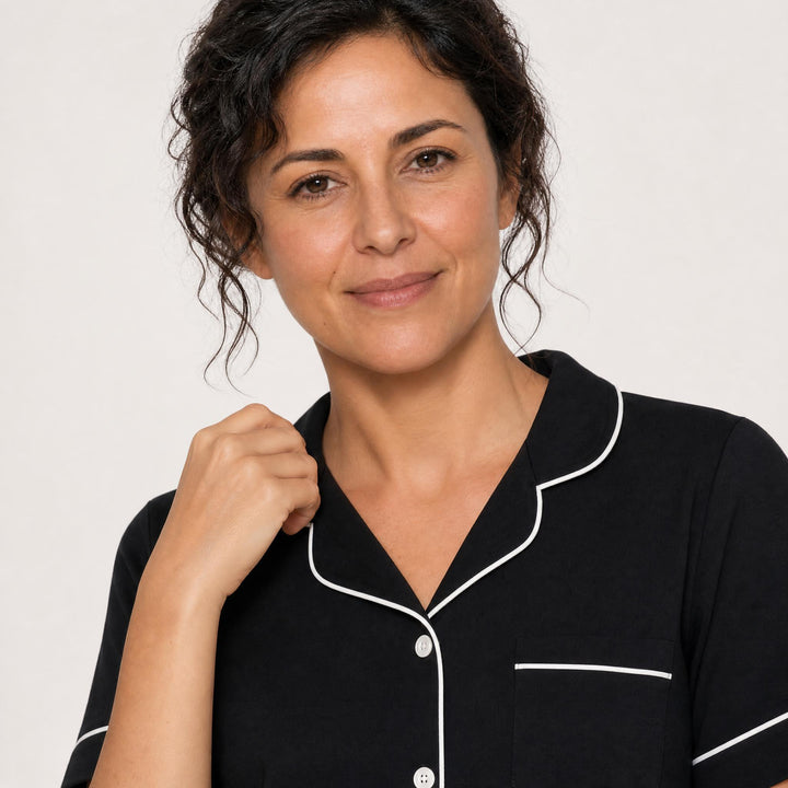 Black Piped Cotton Pajama Set - Long Sleeve