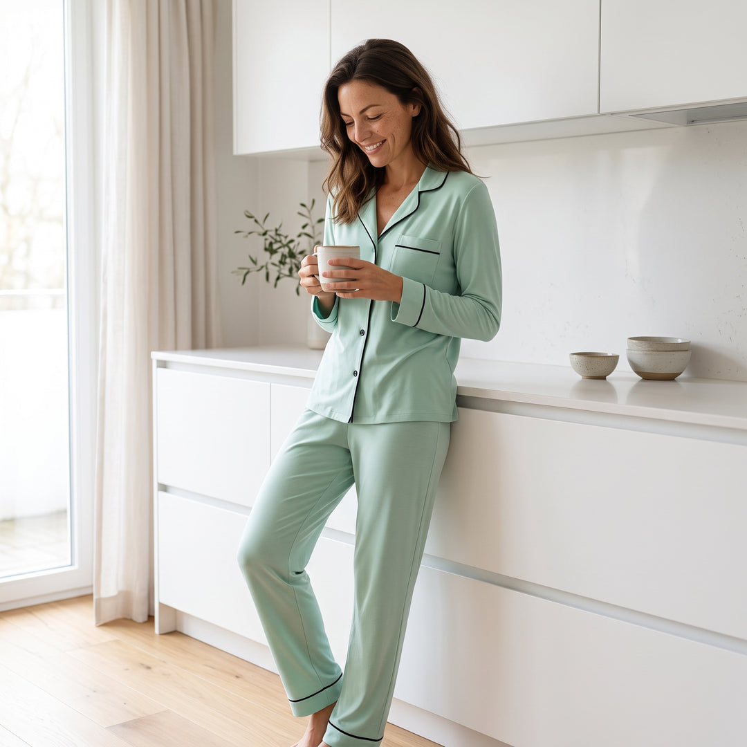Piped Cotton Pajama Set - Long Sleeve