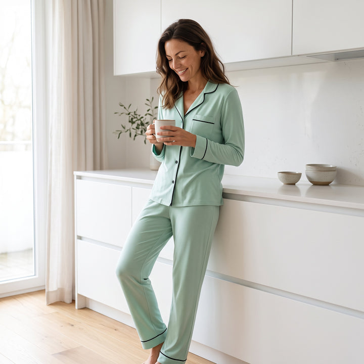 Piped Cotton Pajama Set - Long Sleeve